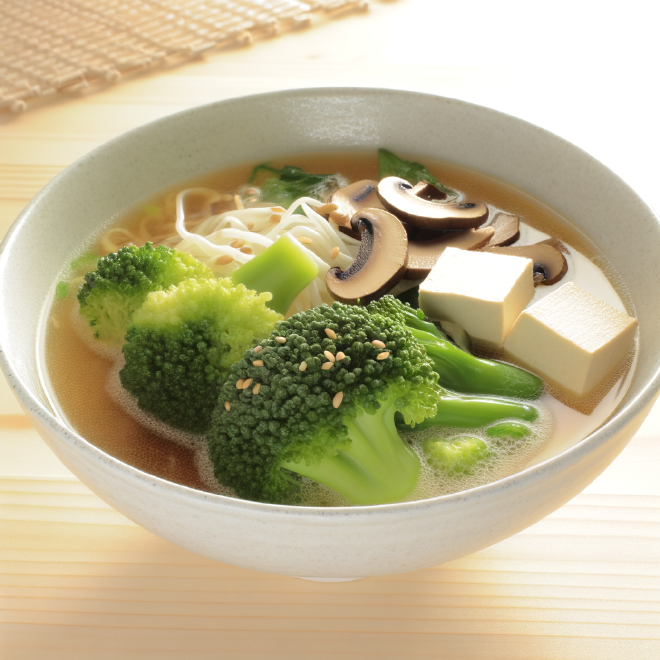 Vegane Firecracker Ramen mit einem Topping aus Tofu, Brokkoli und Pilzen.